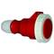 Czerwony, cylindryczny przemysłowy wtyk elektryczny z białą krawędzią. Odpowiedni do wysokowydajnych połączeń elektrycznych w zastosowaniach przemysłowych.