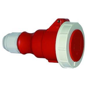 Czerwono-biała wtyczka elektryczna CEE, używana do przemysłowych przyłączy prądowych, na białym tle.