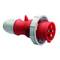 Czerwony, przemysłowy wtyk z pięcioma metalowymi stykami, stosowany do połączeń wysokonapięciowych w środowiskach przemysłowych.