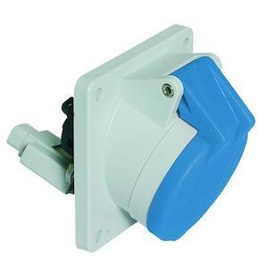 Niebieski i biały elektryczny złącz wtykowy zamontowany na prostokątnej płytce, przeznaczony do zastosowań przemysłowych.