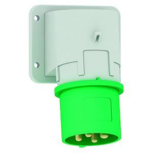 Zielona wtyczka ścienna z pięcioma stykami, zamocowana na szarej płycie. Odpowiednia do zastosowań przemysłowych.