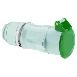 Zielony wtyk przemysłowy, wytrzymały i przystosowany do użytku na zewnątrz, wyposażony w osłonę chroniącą przed warunkami atmosferycznymi.