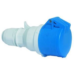 Przemysłowy niebieski i biały wtyk do przewodów elektrycznych, stosowany do bezpieczniejszych połączeń elektrycznych w środowiskach przemysłowych.