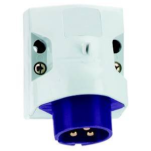 Biały, trzybiegunowy wtyk elektryczny z niebieskim gniazdem, przeznaczony do zastosowań przemysłowych.