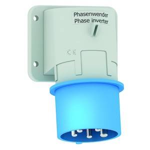 Niebieski wtyk inwertora faz z napisem 'Inwersja faz Phasenwender'. Odpowiedni do zmiany kolejności faz w systemach elektrycznych.