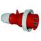 Przemysłowy czerwony wtyk z wieloma stykami i szarą obramówką. Odpowiedni do ciężkich zastosowań elektrycznych.