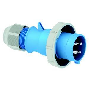 Niebieski wtyk z trzema metalowymi stykami i szarymi elementami z tworzywa sztucznego. Wtyk jest odpowiedni do zastosowań przemysłowych.