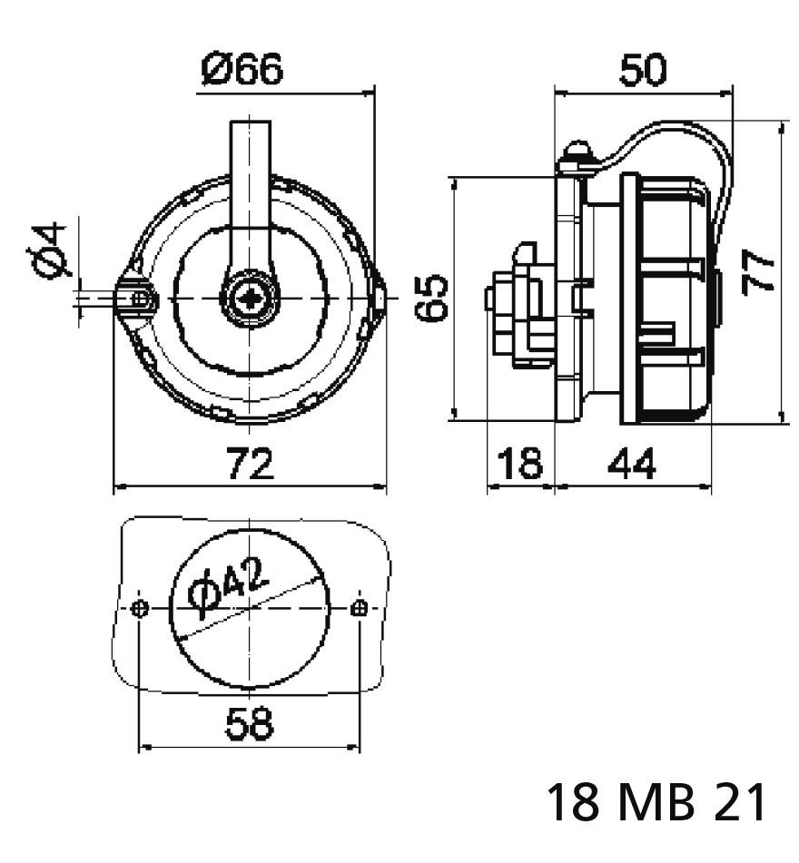 Rysunek techniczny z trzema rzutami części mechanicznej. Podane wymiary: średnica 66 mm, długość 77 mm, szerokość 58 mm.