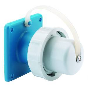 Niebieski, prostokątny zawór z białą rączką i elastyczną, przezroczystą taśmą u góry. Zawór jest zamocowany na ścianie.