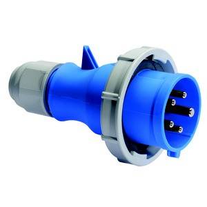 Wtyk z niebieską obudową i trzema stykami metalowymi, stosowany do przemysłowych połączeń elektrycznych.