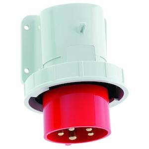 Czerwony i biały wtyk przemysłowy, ułożony poziomo, z wieloma stykami, przeznaczony do urządzeń wysokonapięciowych.