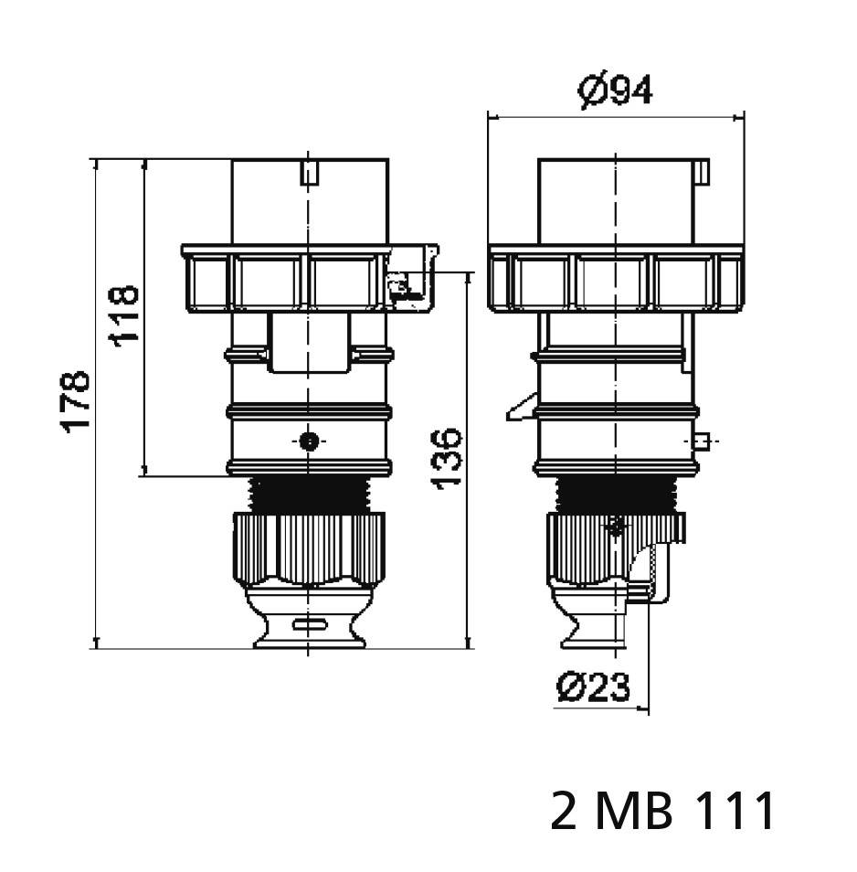 Rysunek techniczny cylindra z wymiarami: wysokość 178 mm, średnica górna 94 mm, dolna 23 mm. Oznaczenie: '2 MB 111'.
