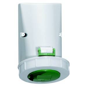 Biała skrzynka elektryczna z zielonym włącznikiem od spodu, nadająca się do montażu naściennego.