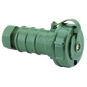 Zielony, cylindryczny łącznik z tworzywa sztucznego z klapką i gwintem po jednej stronie. Stosowany w zastosowaniach technicznych.