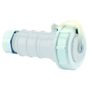 Biały, cylindryczny elektryczny złącz z prążkowaną powierzchnią i podłączonym przewodem, widziany z boku.