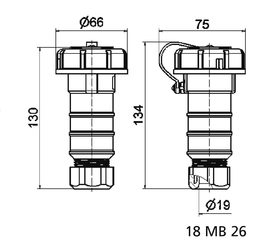 Rysunek techniczny elementu cylindrycznego z wymiarami: wysokość 130 mm i 134 mm, średnica 66 mm i 19 mm, model '18 MB 26'.