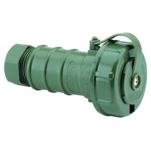 Zielony, cylindryczny złącz z klapką, umieszczony poziomo, na białym tle.