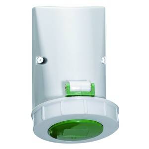 Biały, cylindryczny pojemnik z zielonym, okrągłym pokrywem. Pojemnik jest zamontowany na ścianie i lekko wypukły u góry.