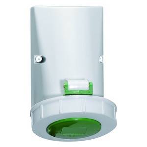 Biały, prostokątny złącz z zielonym, okrągłym zamknięciem; odpowiedni do zastosowań przemysłowych lub technicznych.