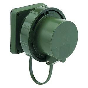 'Zielone naścienne gniazdo elektryczne z osłoną przeciwpyłową, odpowiednie do zastosowań na zewnątrz i odporne na warunki atmosferyczne'