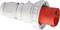 Czerwony wtyk przemysłowy o wielu stykach w białej obudowie. Odpowiedni do zastosowań wysokoprądowych.