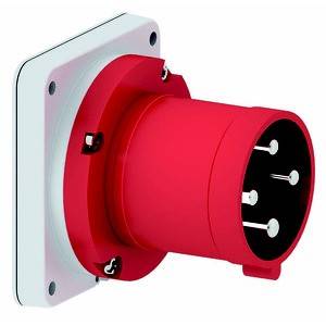 Czerwone, przemysłowe gniazdo elektryczne z pięcioma okrągłymi stykami, zamontowane na białej płytce ściennej. Odpowiednie do podłączeń prądu silnego.