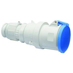 Biały elektryczny złącz z niebieskim kołpakiem.