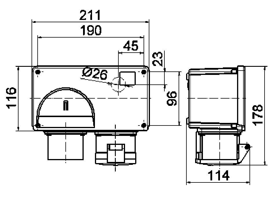 Rysunek techniczny obudowy prostokątnej z wymiarami: szerokość 211 mm, wysokość 116 mm, głębokość 114 mm. Przedstawia rozmieszczenie otworów.