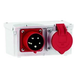 Biała i czerwona wtyczka elektryczna, odpowiednia do zastosowań przemysłowych, z wodoodporną osłoną po lewej stronie i czerwoną wtyczką po prawej stronie.