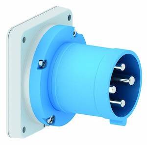 Niebieskie gniazdo elektryczne z pięcioma metalowymi stykami, zamocowane na kwadratowej płytce. Odpowiednie do zastosowań przemysłowych.