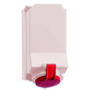 Biała elektryczna skrzynka z czerwonym uchwytem obrotowym na spodzie.