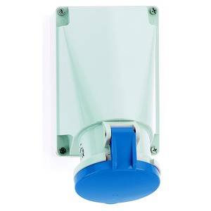 Biała wtyczka z niebieską pokrywą zamontowana na ścianie.