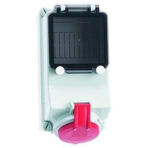 Biały wtyk ochronny z czerwonym przełącznikiem i czarną obudową, odpowiedni do zastosowań przemysłowych.
