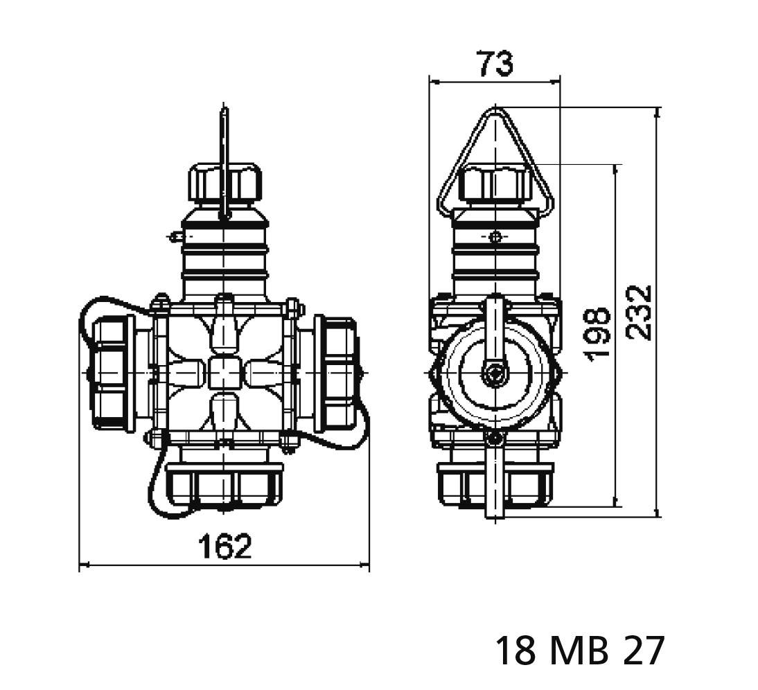 Rysunek techniczny zaworu czterodrogowego z wymiarami. Wysokość 232 mm, szerokość 162 mm, głębokość 73 mm. Numer modelu: 18 MB 27.