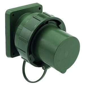 Zielony elektryczny złącz z kwadratową płytką montażową i systemem połączeń okrągłych, odpowiedni do zastosowań przemysłowych.