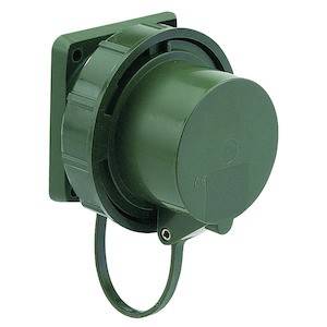 Zielony, okrągły elektryczny złącz z nasadką ochronną zamocowany na kwadratowej płytce montażowej.