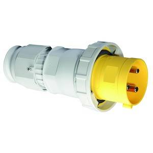 Żółty, trzystykowy wtyk przemysłowy z wytrzymałą obudową, przeznaczony do zastosowań wymagających wysokiej wydajności.