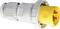 Żółty, trzybiegunowy przemysłowy wtyk elektryczny z szarą obudową, ułożony poziomo. Odpowiedni do zastosowań wysokowydajnościowych.
