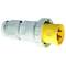 Żółty i biały wtyk elektryczny z trzema metalowymi stykami. Odpowiedni do zastosowań przemysłowych i maszyn wysokowydajnych.