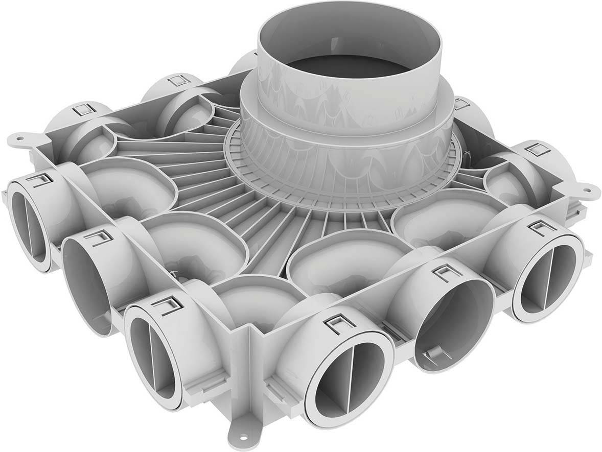 Szara skrzynka wentylacyjna z kilkoma okrągłymi przyłączami po bokach, przeznaczona do rozdziału strumieni powietrza w systemach wentylacyjnych.