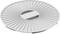 Szary, okrągły dekiel kratki wentylacyjnej z żebrami promieniowymi i centralnym owalnym wycięciem.