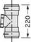 Rysunek techniczny złącza rurowego z trójnikiem. Pionowa odległość wynosi 220 mm, zaznaczona strzałką.