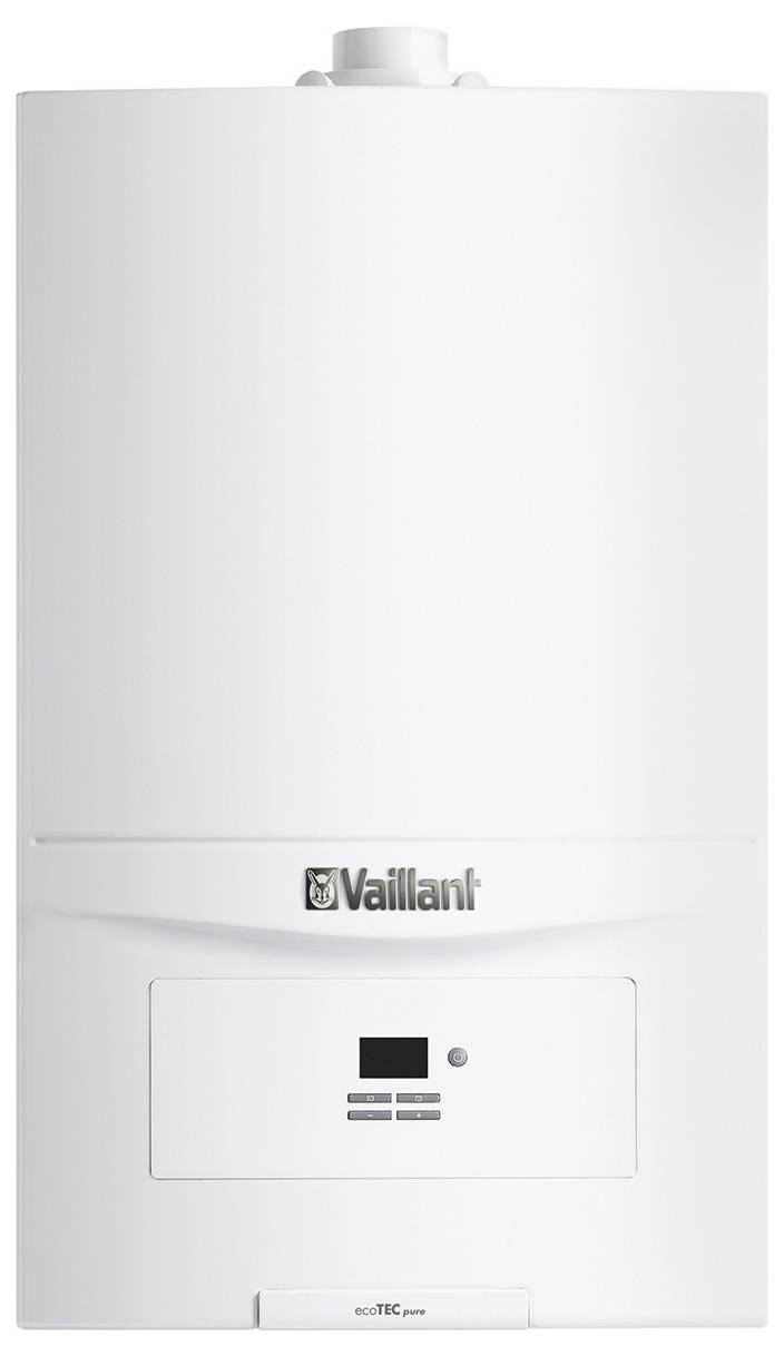 Biały kocioł Vaillant ecoTEC plus z panelem sterowania i wyświetlaczem cyfrowym, przeznaczony do domowych rozwiązań grzewczych.