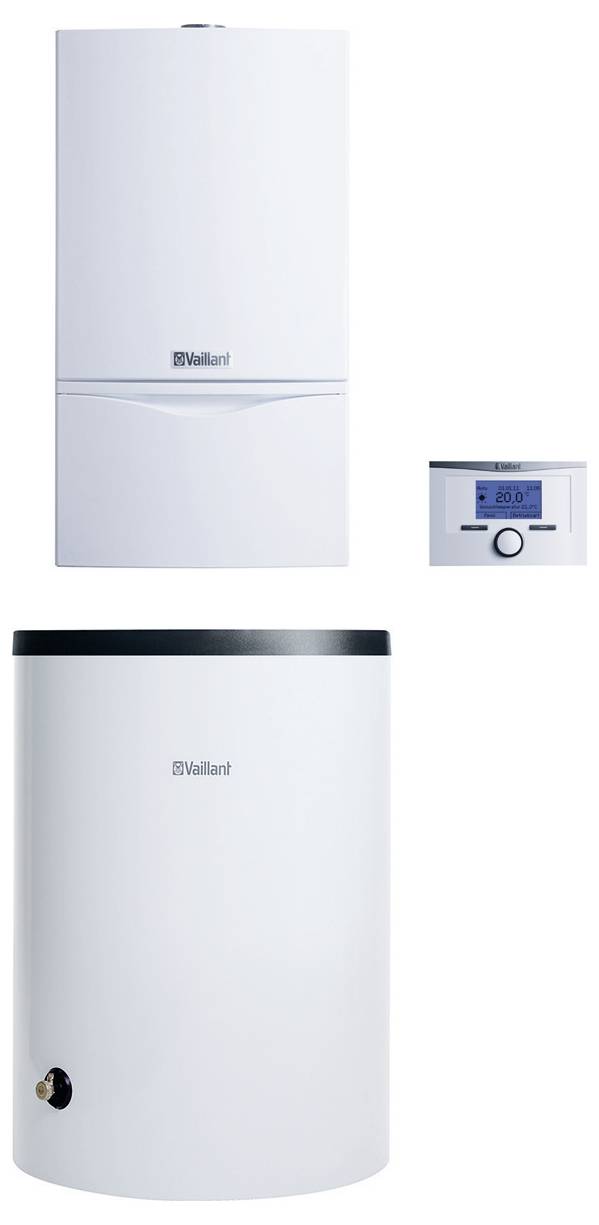 System grzewczy wody z prezentacją zamontowanego na ścianie kotła, cylindrycznego zbiornika ciepłej wody i cyfrowego wyświetlacza panelu sterowania.