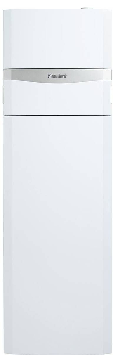 Biały, wysoki sprzęt grzewczy ze stylowym designem, zawierający etykietę marki "Vaillant" na srebrnym pasku w górnej części.