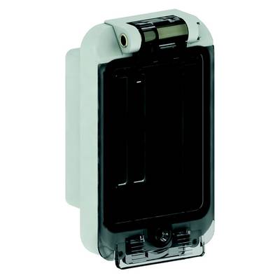 Elektroniczne urządzenie z obudową z tworzywa sztucznego i przezroczystą pokrywą, prawdopodobnie hermetyczny przełącznik lub gniazdo elektryczne przeznaczone do użytku na wolnym powietrzu.