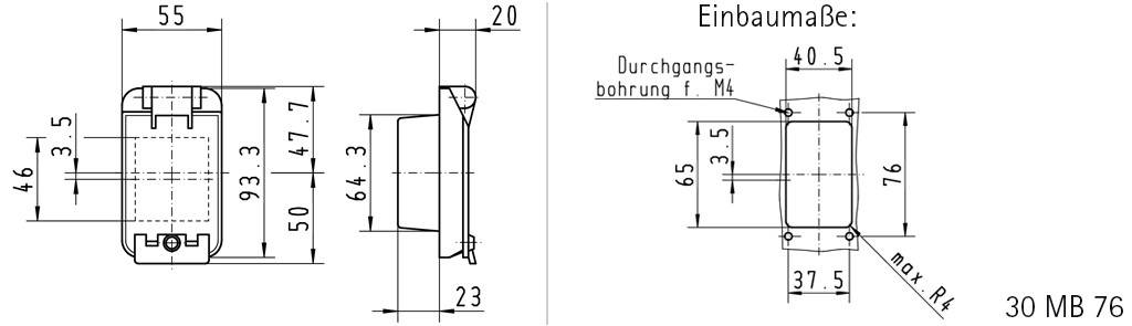 Wymiary montażowe rysunek techniczny z wymiarami w milimetrach: szerokość 93,3 mm, wysokość 55 mm, głębokość 23 mm; przelotowy otwór '1 M4'.