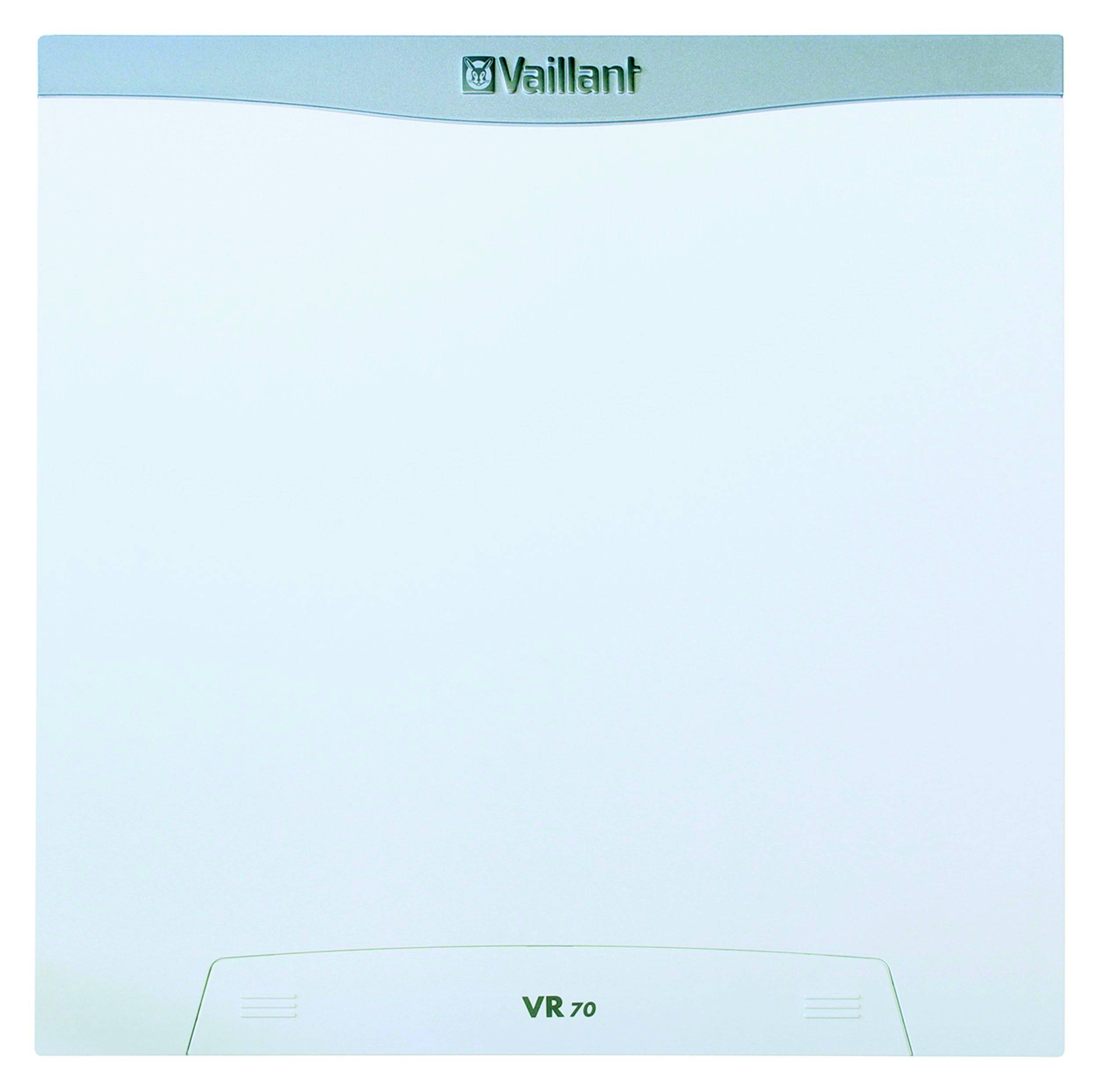 Jednostka sterująca Vaillant VR 70 do instalacji grzewczych, rozpoznawalna po logo na górze. Urządzenie w większości białe z prostym interfejsem użytkownika.