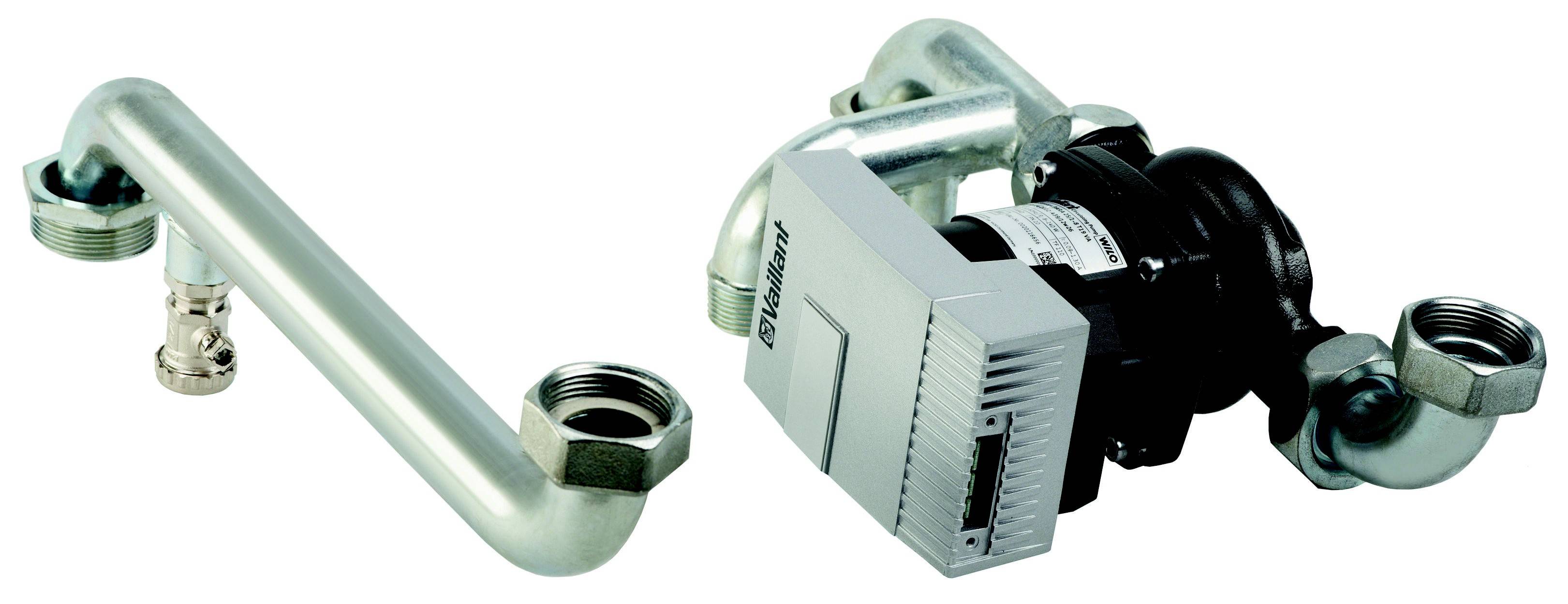 Dwa metalowe rury w kształcie litery L, po lewej stronie rura z połączeniami gwintowymi, po prawej pompa wodna ze sterowaniem elektronicznym, oba elementy w kolorze srebrnym.