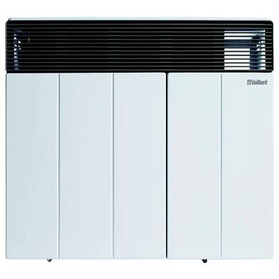Biały kocioł grzewczy Vaillant z czarnymi żeberkami na górze, o prostokątnym kształcie, prezentujący nowoczesny design przeznaczony do wydajnych rozwiązań grzewczych.